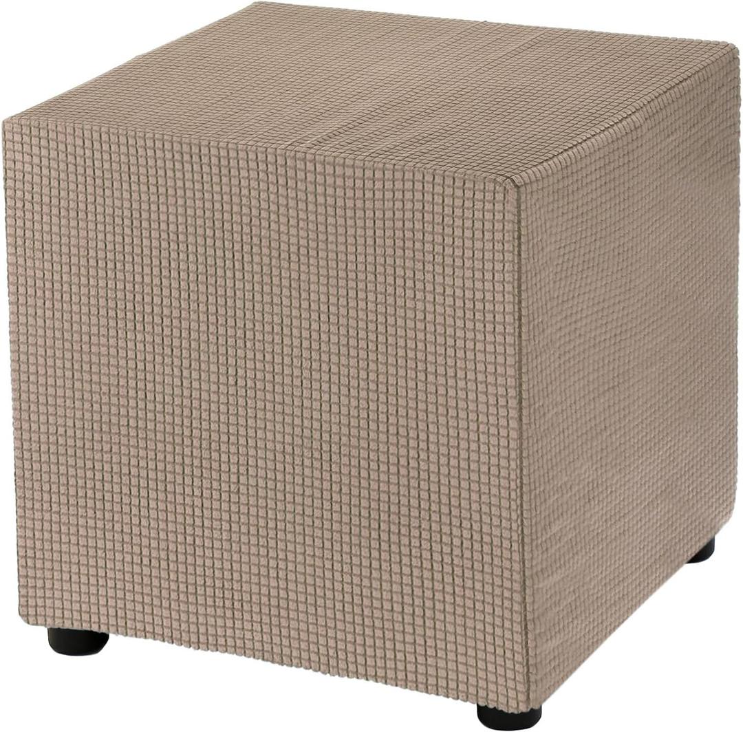 uxcell Square Ottoman Cover 18x18x18inch Stretch Polyester Washable Ottoman Slipcovers Elastic Foot Stool Foot Rest Protector for Living Room Bedroom, Light Brown