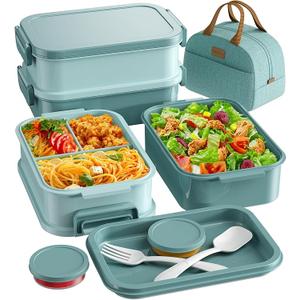 KEMETHY Adults Bento Lunch Box Set with Thermo Bag, 74oz Stackable Leakproof 3tiers Bento Box, Builtin Utensil and Sauce Container for Work, School, Dining Out (Green)