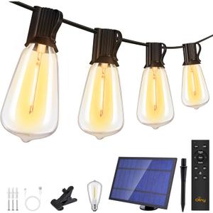 Ollny 15+1 LEDs ST38 Solar String Lights, 30 FT USB & Solar Dual Charging Outdoor String Lights, 3 Modes 5 Timers 10 Brightness 2200K Waterproof Patio Lights for Porch Garden Market Bistro Camping