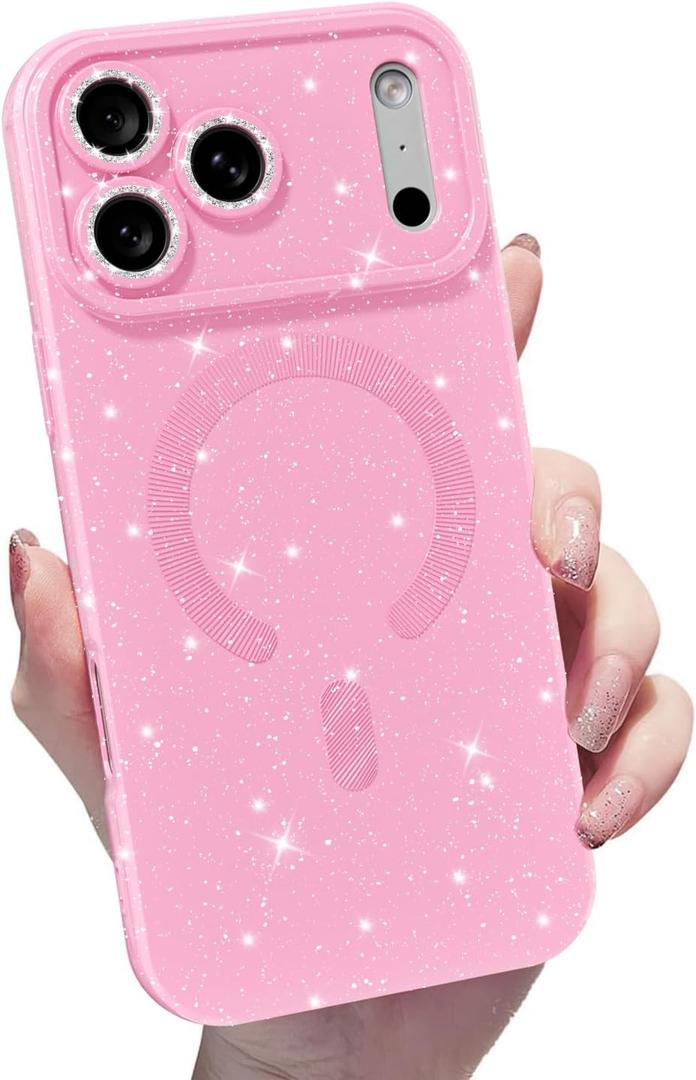 MINSCOSE for iPhone 17 Pro Max Case Magnetic Compatible with Magsafe,Cute Neon Glitter Super Vibrant Shiny Bling Sparkly Glossy Girly Case with Thin Slim Camera Protection for Women Girl-Pink
