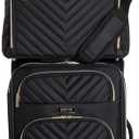 Kenneth Cole REACTION Chelsea 2-Piece Bundle - 20" Chevron Expandable 8-Wheel Carry-On Suitcase & Matching 15" Laptop Tote Bag, Black