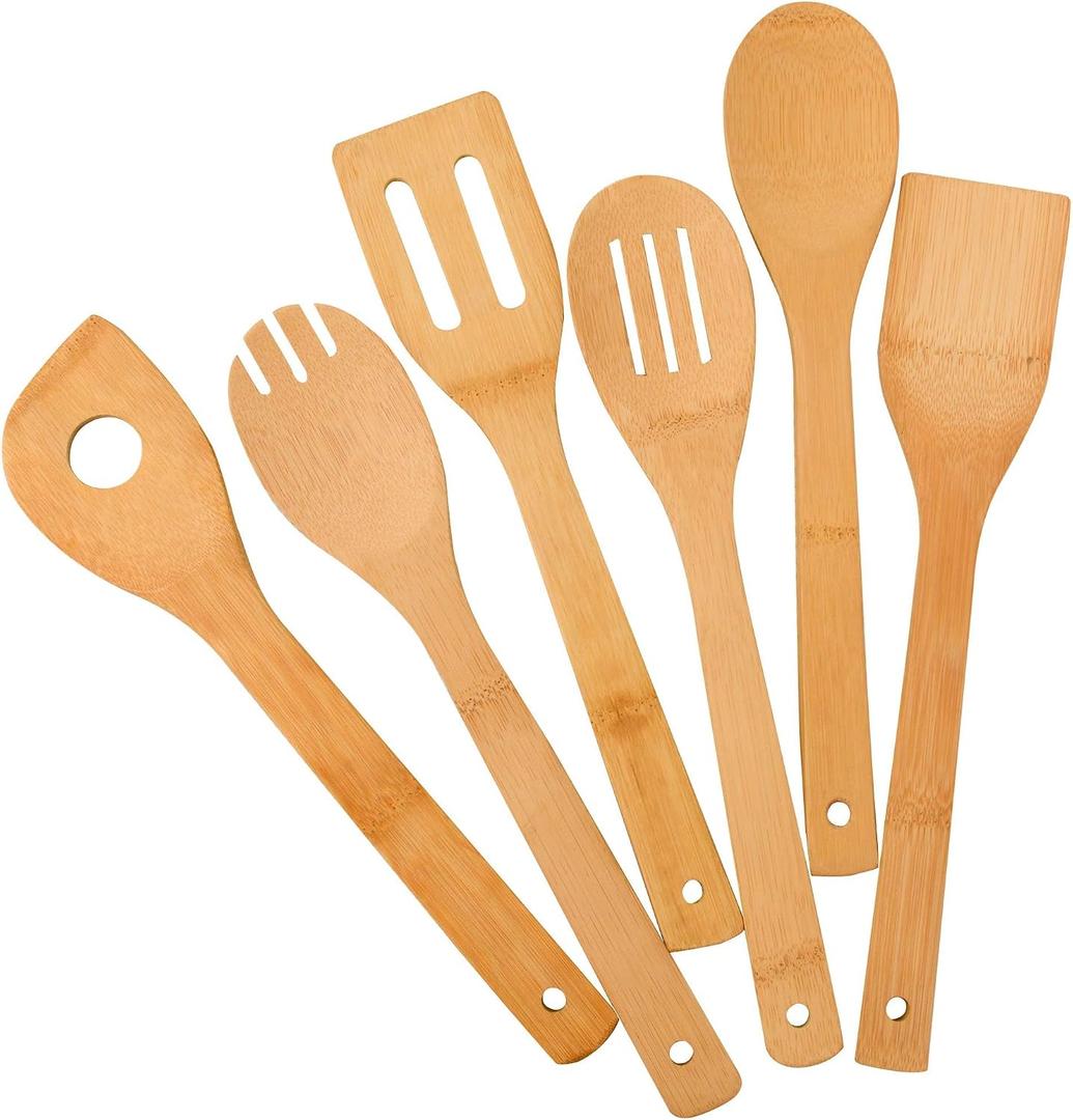 Bamboo Kitchen Utensils, 6 pcs Nonstick Spatula Tools with Handles, Heat Resistant Spatula Set, Non-stick Cooking Utensil, Premium Wooden Spoon Sets, Table Cover Decor