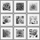 eletecpro 12x12 Aluminum Picture Frames Set of 9 Minimalist Gallery Wall Frame Set Display 8x8 Photo with Mat or 12x12 No Mat, Sleek and Elegant Collage Frames for Wall Decor, Black