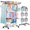 PurKeep Thicken & Durable Clothes Airer, Extra Large 4-Tier Capacity Foldable Clothes Drying Rack with Wheels, Stainless Steel Clothes Horse for Indoor/Outdoor Use in Bedroom, Laundry Room