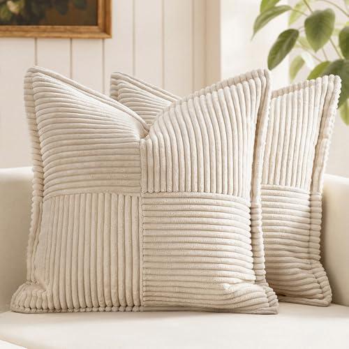 MIULEE Decorative Throw Pillow Covers for Couch Bed Livingroom 16x16 Inch Set of 2 Beige Boho Accent Throw Pllows Broadside Striped Patchwork Soft Corduroy Pillowcases