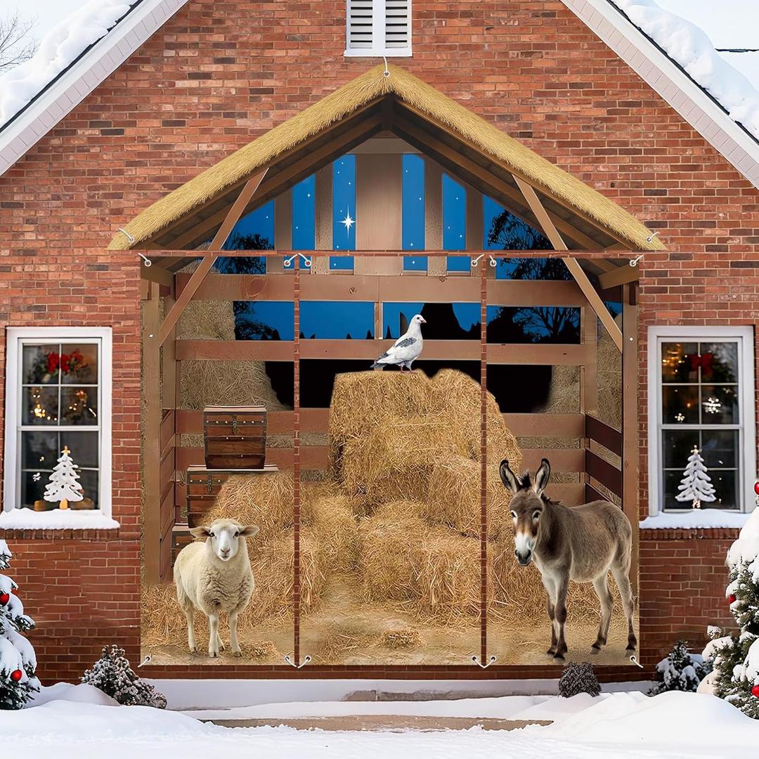 Nativity Scene Backdrop Christmas Door Cover, 8x9ft Large Nativity Stable Banner, Farm Barn Backdrop, Christmas Garage Door Murals, Outdoor Holiday Winter Party Decor, Set of 4 Panels with Glue & Rope
