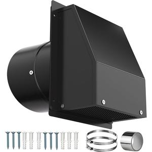 4 Inch Dryer Vent Cover Outside, Galvanized Steel Exterior Hooded Wall Vent Cover with Removable Screen & Cushioned Backdraft Flap, Exhaust Vent for House Through-Wall Dryer Vent Kit (Black)