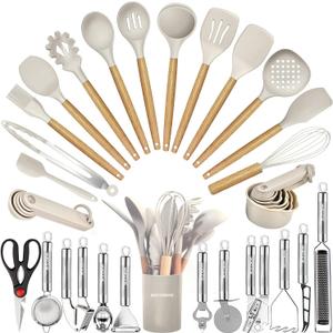 Kitchen Utensils Set- 35 PCs Cooking Utensils with Grater,Tongs, Spoon Spatula &Turner Made of Heat Resistant Food Grade Silicone and Wooden Handles Kitchen Gadgets Tools Set for Nonstick Cookware (Khaki)