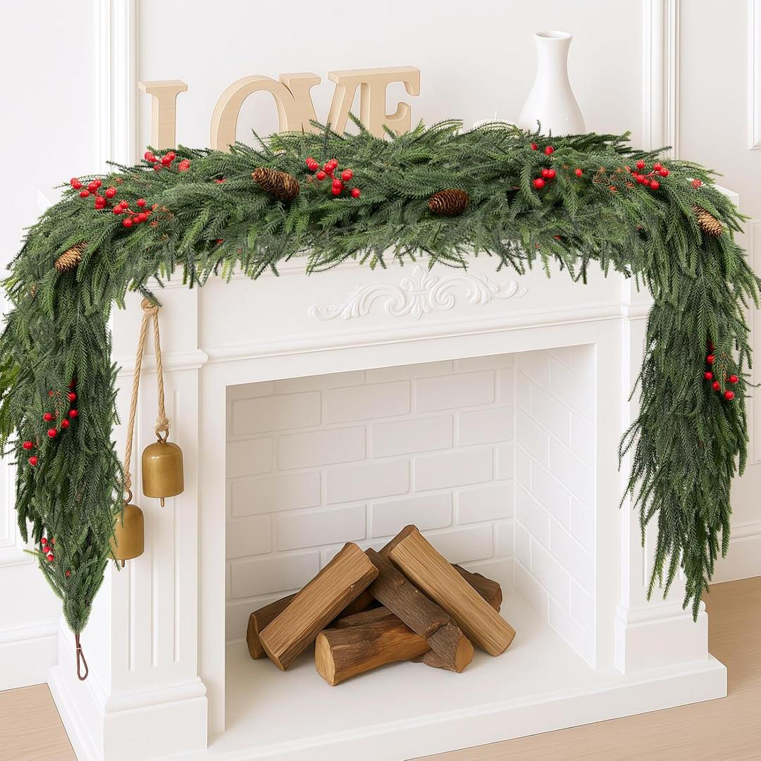 6FT Norfolk Pine Garland Christmas Artificial Greenery with Red Berries Cones, Pine Tree Decor for Mantel Fireplace Stair Rail Doorway Table, Indoor Outdoor Winter Christmas Decorations
