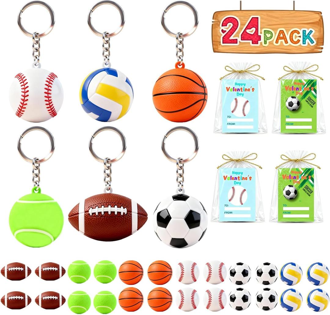 24 Pack Party Favors Gifts for Kids - Funny Keychains with Valentine Gifts Cards for Boys, Girls, Toddlers, Friends, Classroom School Exchange Party Favors (24)