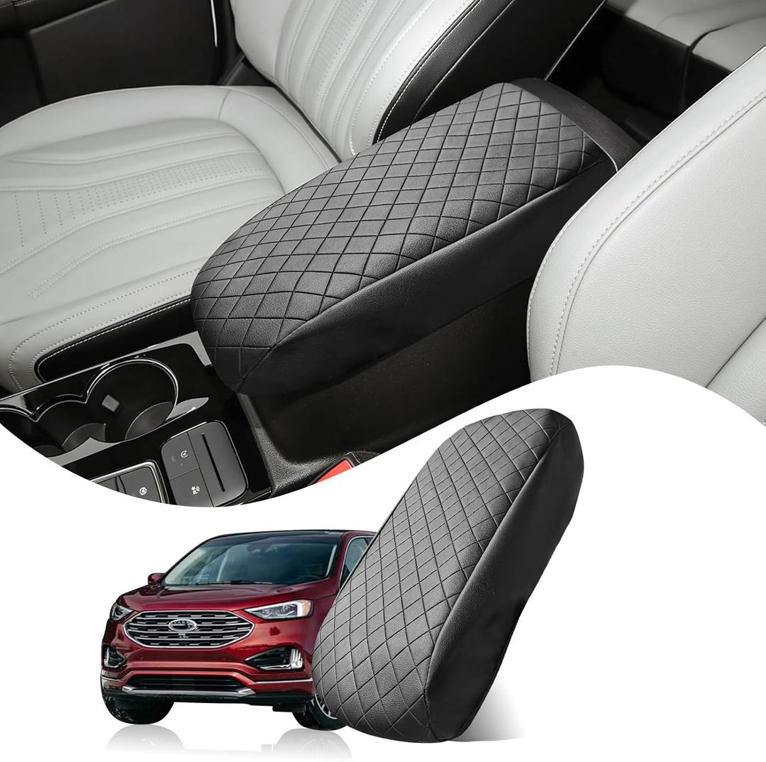 Center Console Cover Compatible with Ford Edge 2015-2024 Leather Armrest Box Cushion Cover Middle Console Pad, Black