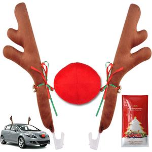 Christmas Reindeer Antlers & Nose for Car Auto Decoration, Cute Rudolph Reindeer Jingle Bell Added to Holiday Spirit(Large Size) (16 inch)