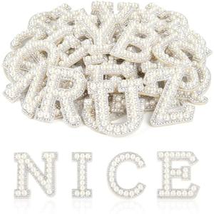 ASTARON 58 Pcs Self Adhesive Letter Patches Pearl Rhinestone Letter Stickers, Glitter Rhinestone Letters Embroidered Applique Patches Alphabet Cloth Patch for Clothes, Bags, Hat, Phone Case, DIY, White