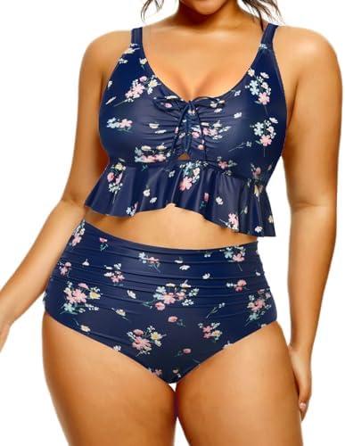 Daci Women Plus Size Two Piece Swimsuits - High Waisted Bikini Set Ruffle Tummy Control Bathing Suits with Bottom 20W