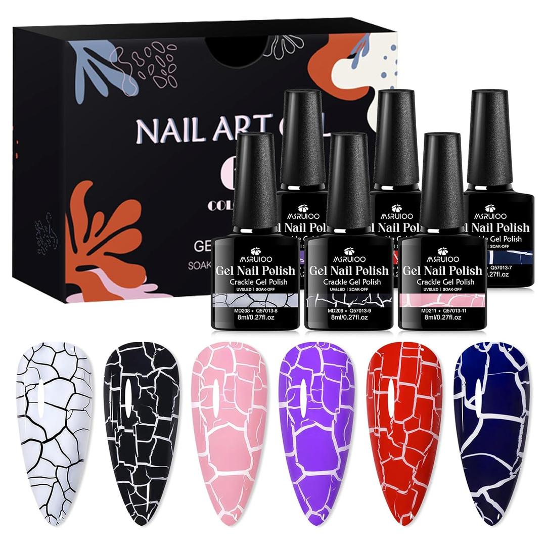 6PCS Crackle Gel Nail Polish Set Crackle Nail Polish Gel Black Purple White Pink Magic Gel Polish Kit, Amazing Cool Crackle Effect Patterned Nail DIY Art Women Gift 8ml