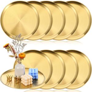 Molain 10 Pcs Gold Serving Trays, 12 Inch Stainless Steel Round Decorative Serving Table Food Circle Tray for Coffee Bar Home Bathroom Candle Wedding Party Makeup Organizer Perfume Countertop