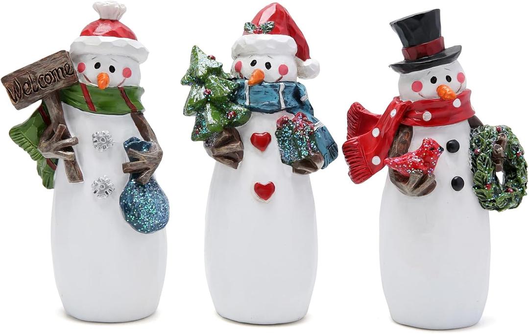 Hodao Christmas Snowman Figurines Set of 3 - Hand-Painted Resin Snowmen with Christmas Tree, Gift Box, Wreath & Welcome Sign - Winter Decor & Gift for Tiered Tray, Mantel, Tabletop, Windowsill