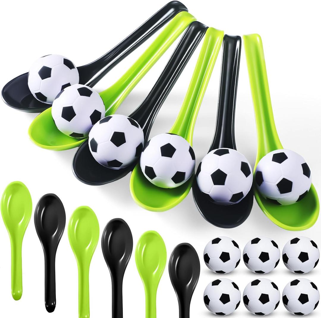 12 Pack Soccer Party Games Spoon Relay Race Toy Set for Teens Adults, Soccer Foam Ball and Spoon Race Game for Sports School Birthday Party Supplies Favors(Classic Colors)