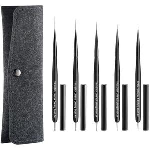 Nail Art Liner Brushes 5Pcs with Caps & Bag,Double‑Ended Thin Liner & Dotting Pen Set(4/8/12/15/20mm) for Long Lines,Fine Details,Gel Polish & Nail Painting