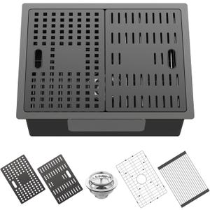 Black Kitchen Sink With Dual Cover,24"x18" Stainless Steel Undermount Single Bowl Kitchen Sink Built-in Ledge Drop In Workstation Sink Fully Covering Sink To Create Temporary Workspace/Drainage Area
