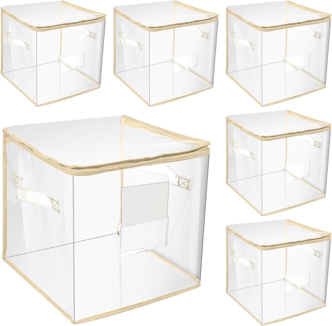 Abbylike 6 Pcs 12'' Zippered Clear Plastic Storage Bags with Label Pocket and Handles Plastic Storage Bins Clear Moving Bags Waterproof Organizers Tote Bins for Closet Sheet Clothes Packing(Beige)