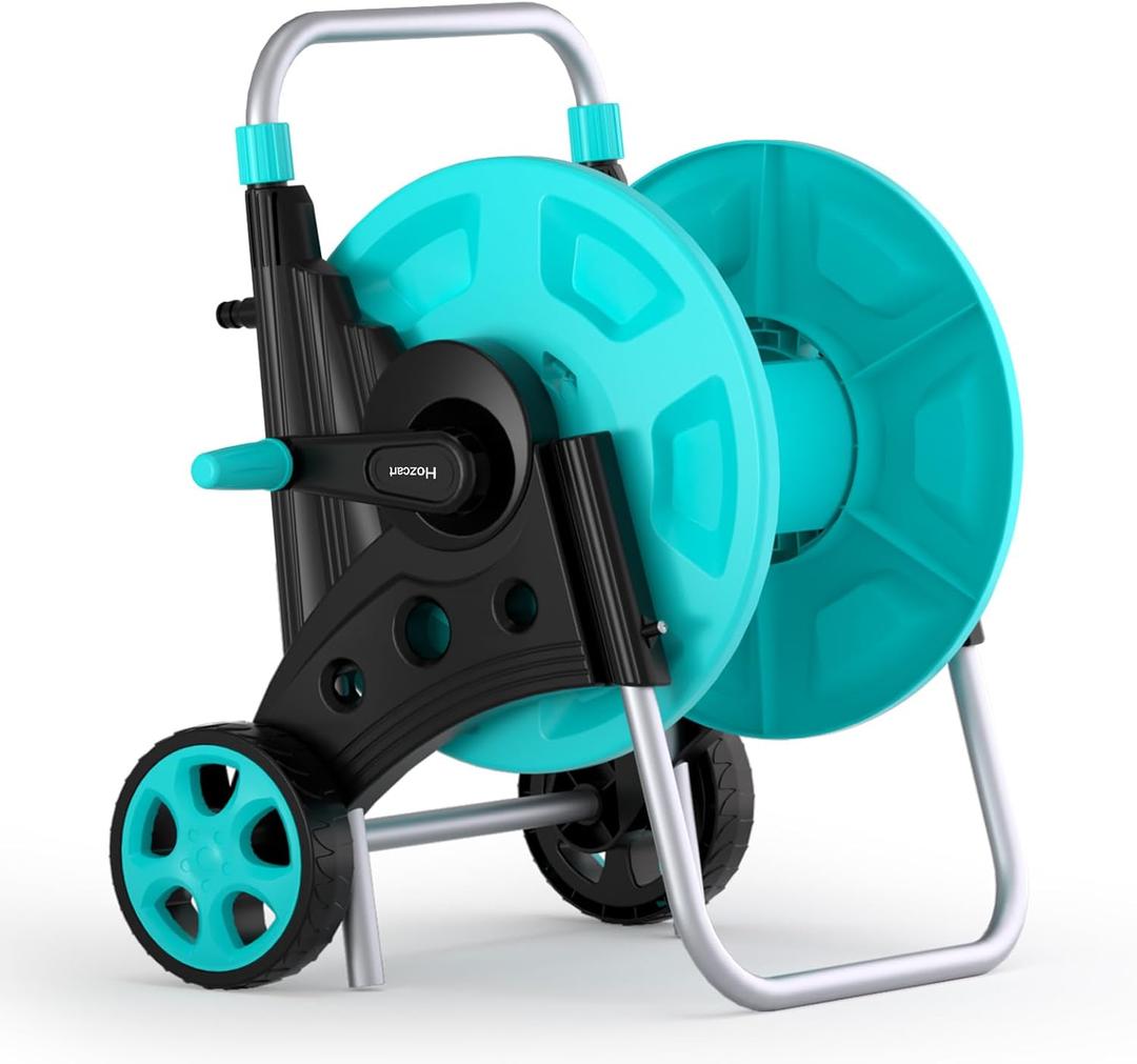 Garden Hose Reel for Outside, Hold Up to 100 ft of 5/8 Hose, Portable Hose Reel Cart with Adjustable Armrests and 2 Wheels, Durable Water Hose Holder for Garden, Yard, Lawn (Blue)