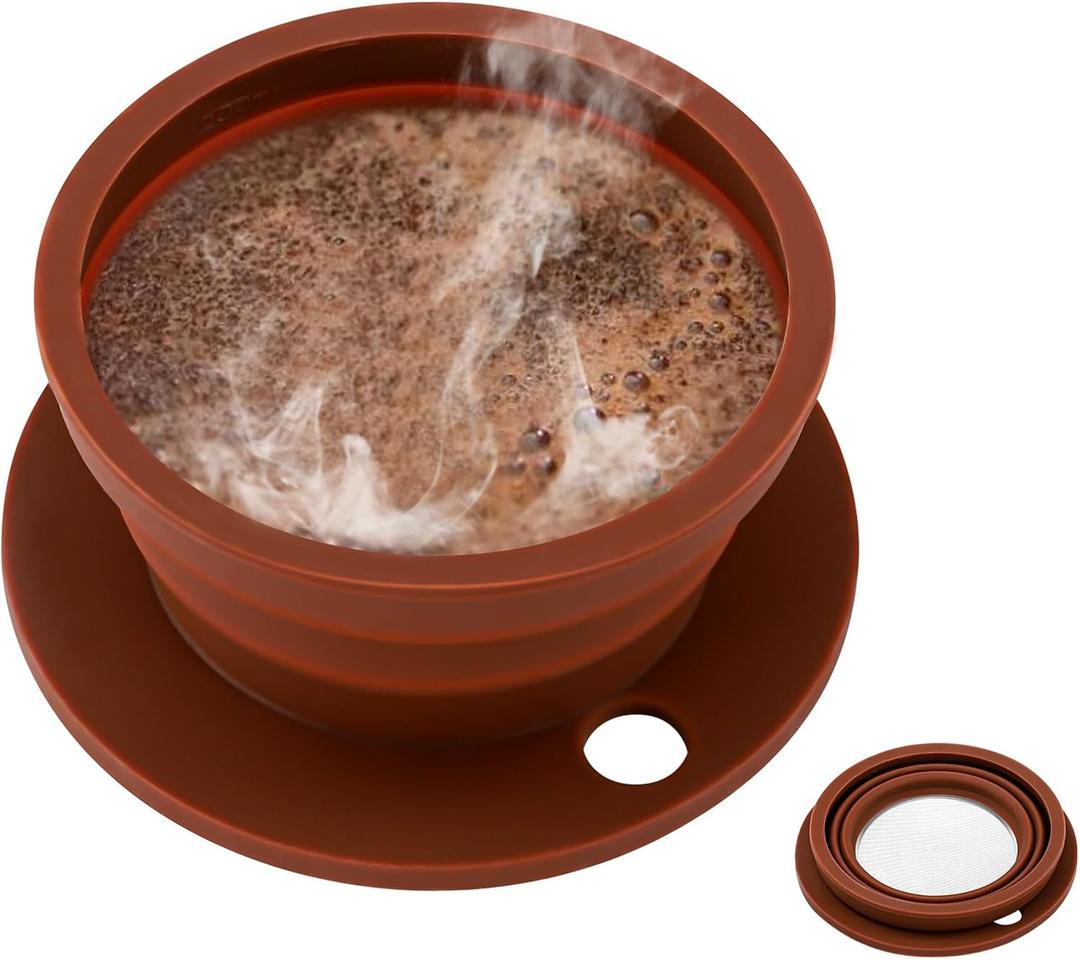 Collapsible Paperless Pour Over Coffee Dripper with Reusable Stainless Steel Coffee Filter, Single Cup Travel Pour Over Coffee Maker Camping, Portable Silicone Drip Coffee Maker Pour Over Brown