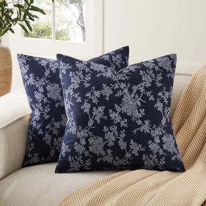 100% Cotton French Pastoral Throw Pillow Covers Set of 2, 20x20 Inch Background/Blue Farmhouse Decorative Cushion Covers for Sofa Bed Living Room Home Decor