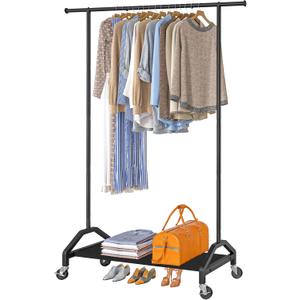 Clothes Racks for Hanging Clothes Rolling Clothes Rack Clothing rack 2" industrial wheels Rolling Garment Rack Light Duty for T-shirt Welded Integrated Widened Base Small pipe Black