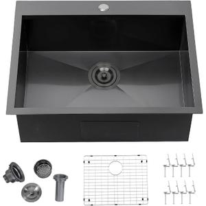 25 x 22 Inch Black Kitchen Sink, Top mount Drop In Stainless Steel Single Bowl Kitchen Sink, 16 Gauge Extra-Thick Modern Bar Prep RV Laundry Sinks with Dish Grid and Basket Strainer