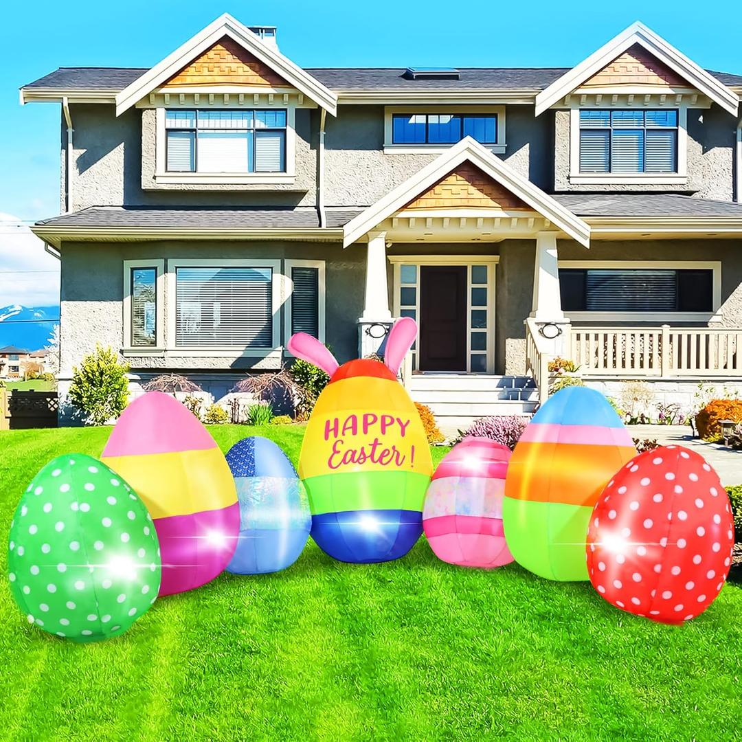 GIFTFIND Vibrant Easter Eggs Inflatables 10FT Long, Seven Eggs Inflatable Outdoor Decorations Built in LED Lights, Fun Lighted Eggs Easter Blow Ups for Yard Patio Garden Lawn Celebration Decor