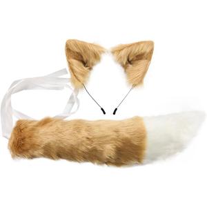 Handmade Fox Wolf Ears Headband and Faux Fur Tail for Halloween Party Costume Accessories (Khaki)