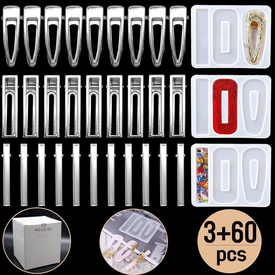 MOUGIGI 63PCS Resin Molds DIY Hair Clip Jewelry Casting Mold,hair Clips Mold for Hair Pin Making, Hair Pin Silicone Molds for Epoxy Resin Crafts