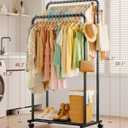 Sakugi Clothes Rack - Double Rods Clothing Rack with Mesh Shelf, Hooks & Wheels, Metal Clothing Racks for Hanging Clothes & Bags, Multifunctional Garment Rack for Laundry, Black, 28.7" x 16.5" x 59.1"