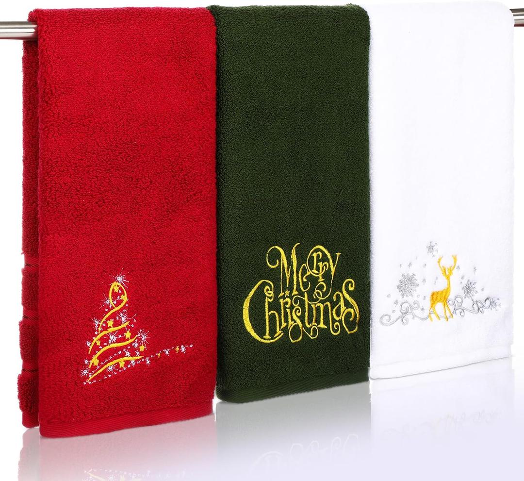 Breling 3 Pcs Christmas Hand Towel for Bathroom 14 x 29 Inches Christmas Bathroom Decor Xmas Tree Deer Towel Absorbent Soft Washcloth for Xmas Winter Holiday Indoor Home Party Decor (Green, Red and White)