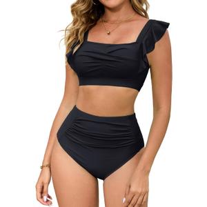 Arolina Womens High Waisted Bikini Sets Full Coverage Ruffle Swimsuits Two Piece Tummy Control Cheeky Bathing Suit (Black, L)