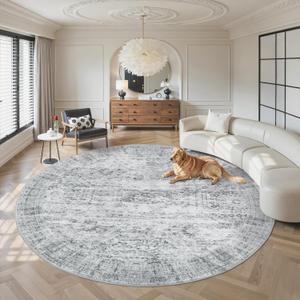Soalmost 8x8 Grey Round Rug 8ft Living Room Circle Rug Vintage Round Area Rug Non Slip Indoor Carpet for Apartment