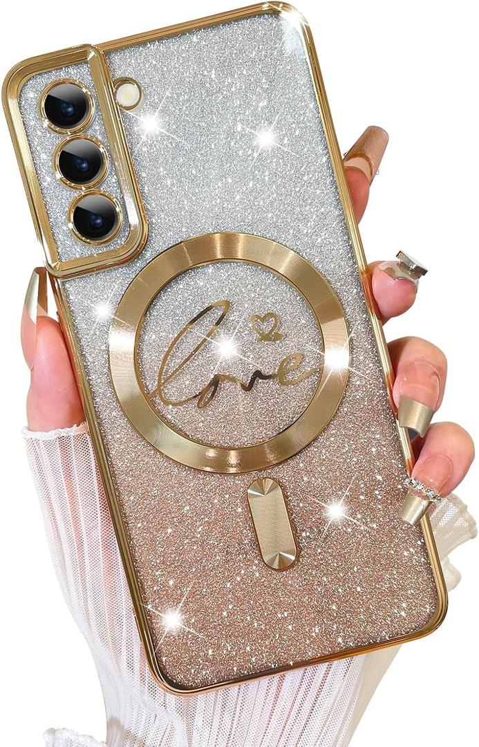 4 x Fiyart Designed for Samsung Galaxy S21 Case,Compatible with MagSafe Love Heart Plating Camera Protection Clear Glitter Magnetic for Women Girls Shockproof Phone Cover Bumper 6.1"-Gold