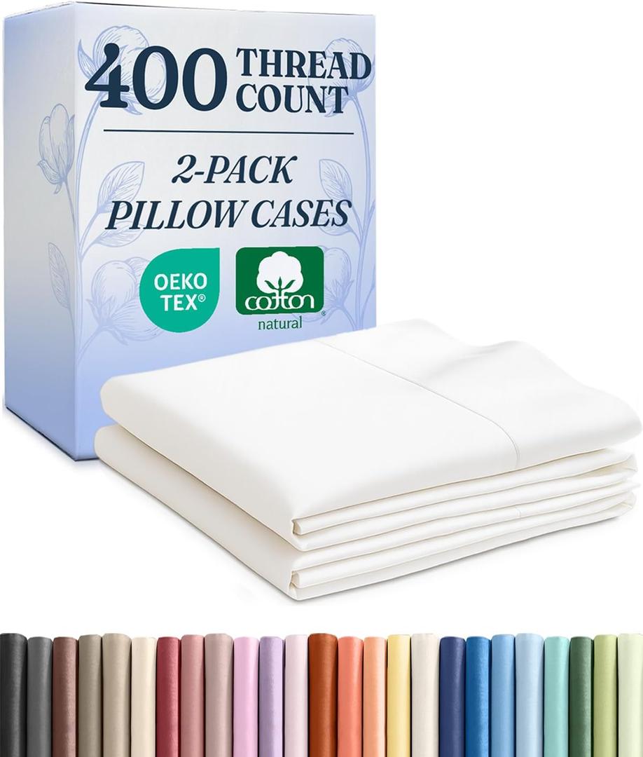 100% Cotton Pillow Cases Queen Size - Cooling, Breathable & Soft Pillowcase Covers Set of 2 - 400 Thread Count Cotton - Wrinkle & Fade Free - Machine Washable Protectors - Luxury Hotel Bedding - White