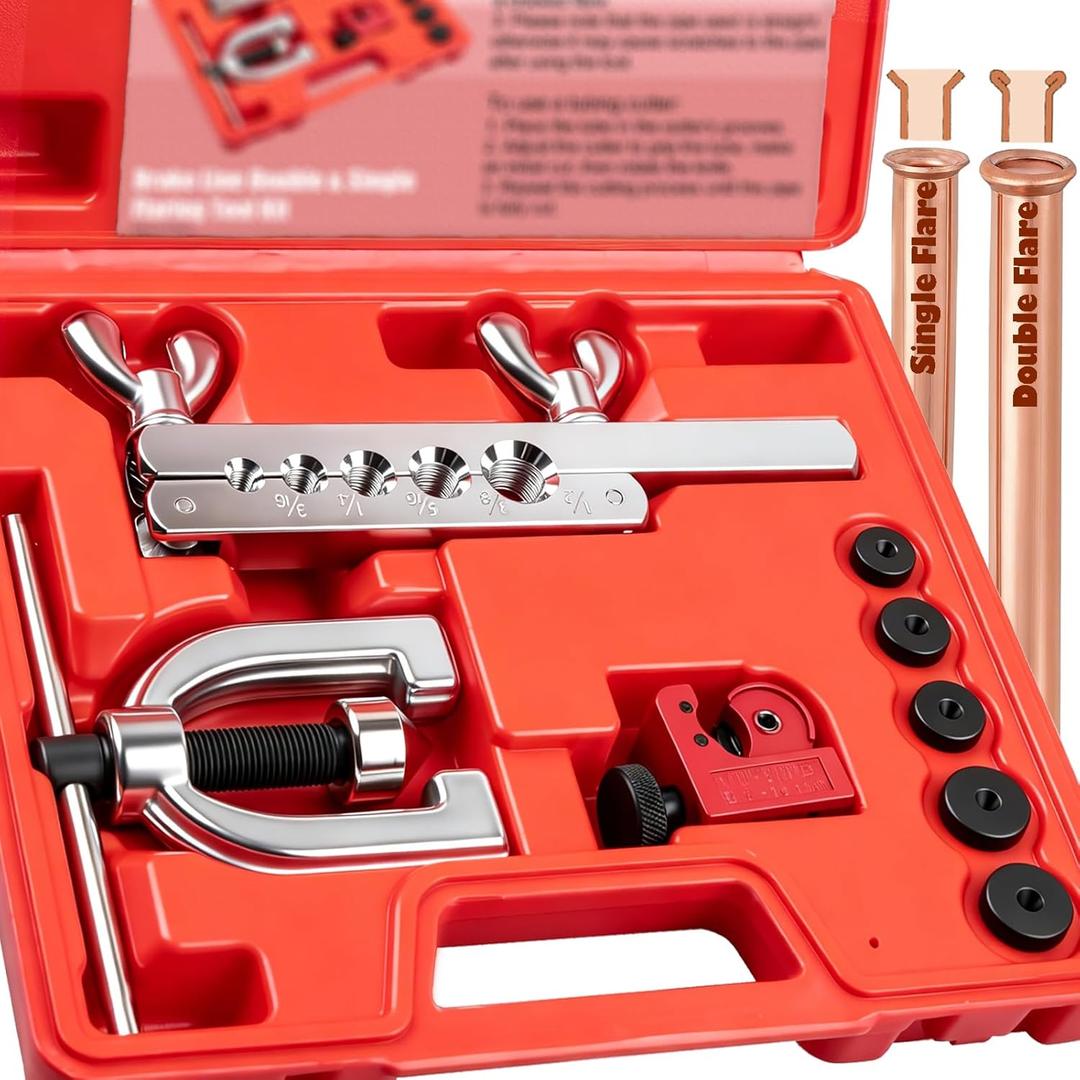 Clatoon Brake Line Double & Single Flaring Tool Kit with Tubing Cutter, Brake Line Repair Kit for Copper, Aluminum, Brake Line and Brass Tubing, Flare Tool kit Includes 5 Adapters, 45 Degrees