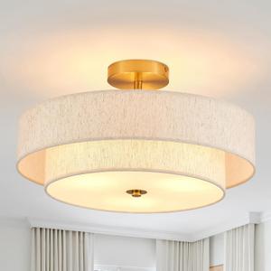 Modern Semi Flush Mount Ceiling Light 18" Modern Gold 3-Lights Drum Ceiling Lighting Fixture Vintage Linen Golden Ceiling Lamp for Laundry Room, Kitchen, Basement, Dining Room, Bedroom (2-Tier Gold)