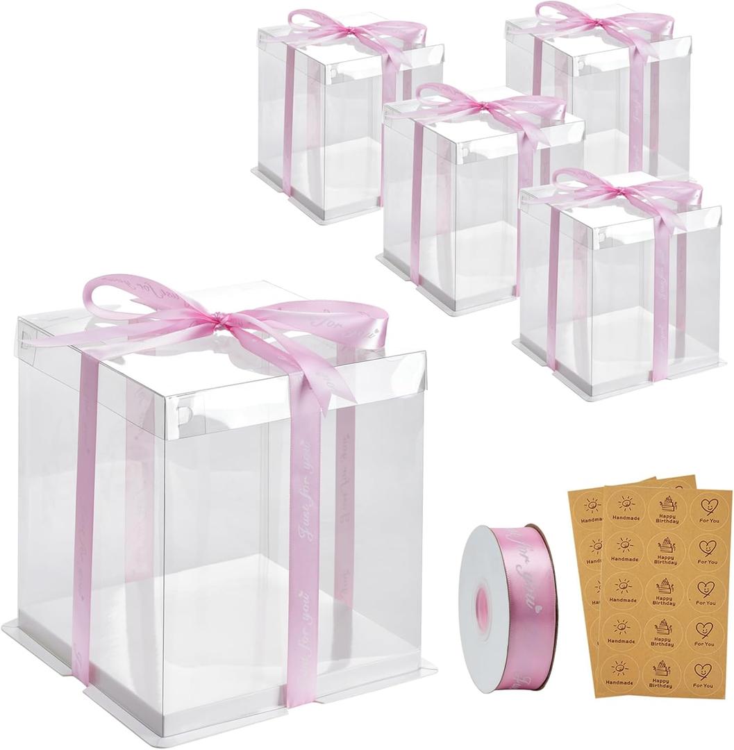 8x8x10Inch Tall Cake Boxes, 5 Pack Bakery Boxes for Tier Cakes, Disposable Cake Bakery Box with ribbon, Clear Cake Box for Pastry Wedding Birthday