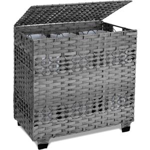 OIAHOMY Laundry Hamper with Lid, 140L Clothes Hamper with 3 Removable Liner Bags, Foldable Basket with Lid, Synthetic Wicker Laundry Basket for Bedroom, 27x 13 x 26 Inches, Grey