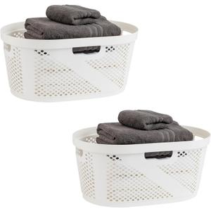 Mind Reader 40L Ventilated Laundry Baskets, Lightweight Clothes Hamper with Cutout Handles for Bathrooms and Closets, Plastic, Set of 2, White