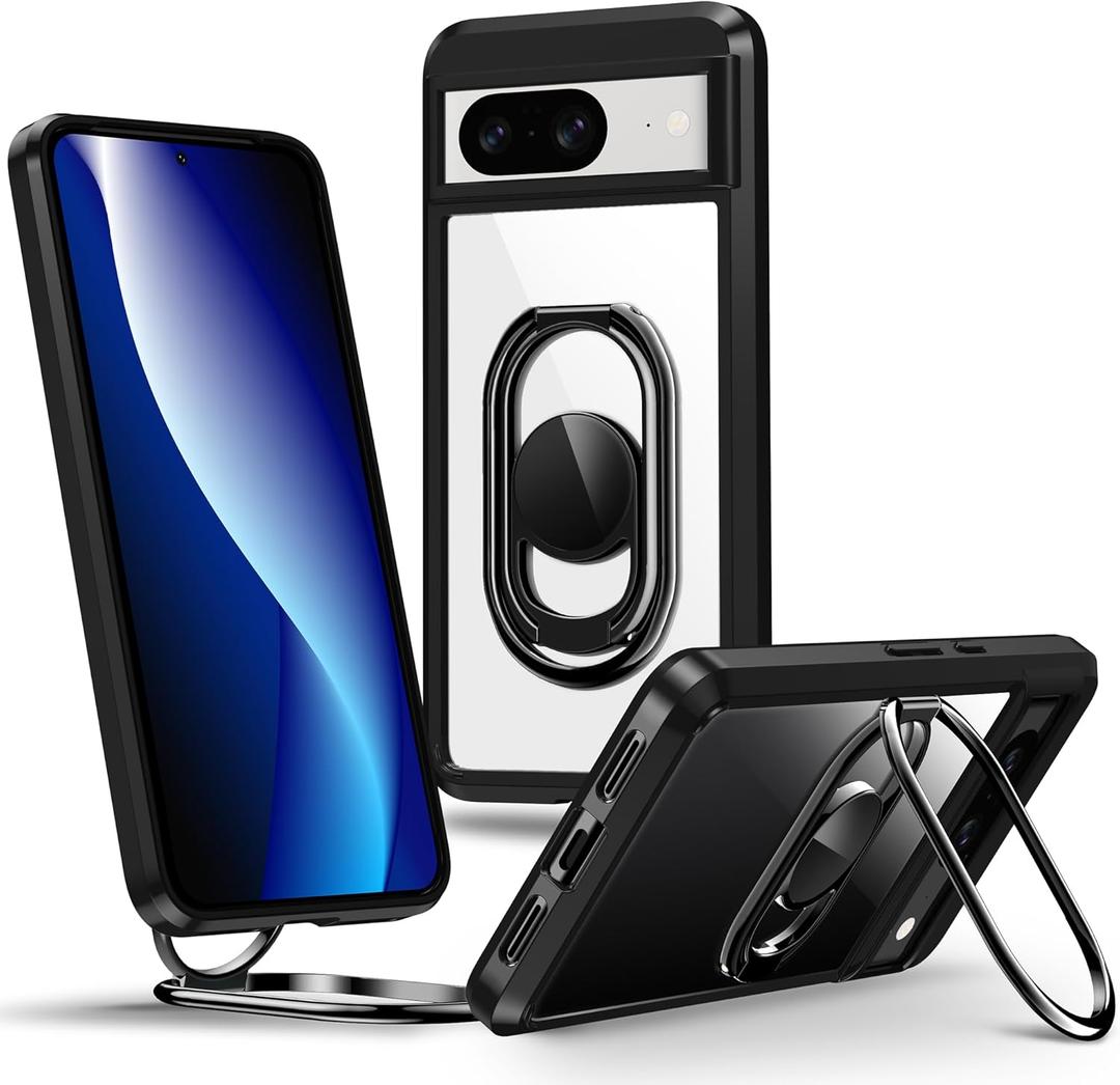 Shields Up for Google Pixel 8 Case with Stand, Pixel 8 Case Clear with Double Ring Holder [Adjustable & Foldable] Shockproof Protective Cover for Google Pixel 8 - Clear Black