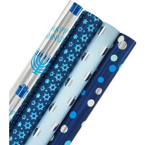 The Dreidel Company 4-Pack Hanukkah Theme Gift Wrap Design, Chanukah Roll 17.5" X 180" (15' Ft.) Inch Sheet Chanukah Wrapping Paper