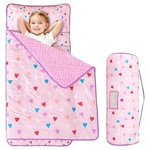 Viviland Toddler Kid Nap Mat for Preschool, Girls Pink Rainbow Slumber Bag, Daycare Sleeping Bag with Pillow and Blanket, Kindergarten Sleep Mat