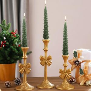 Mumufy 3 Pcs Gold Bow Taper Candle Holders Valentine's Day Cast Iron Pillar Candle Holders Multiple Size Candlesticks Set for Home Decorative Table Centerpieces Weddings Banquets Parties