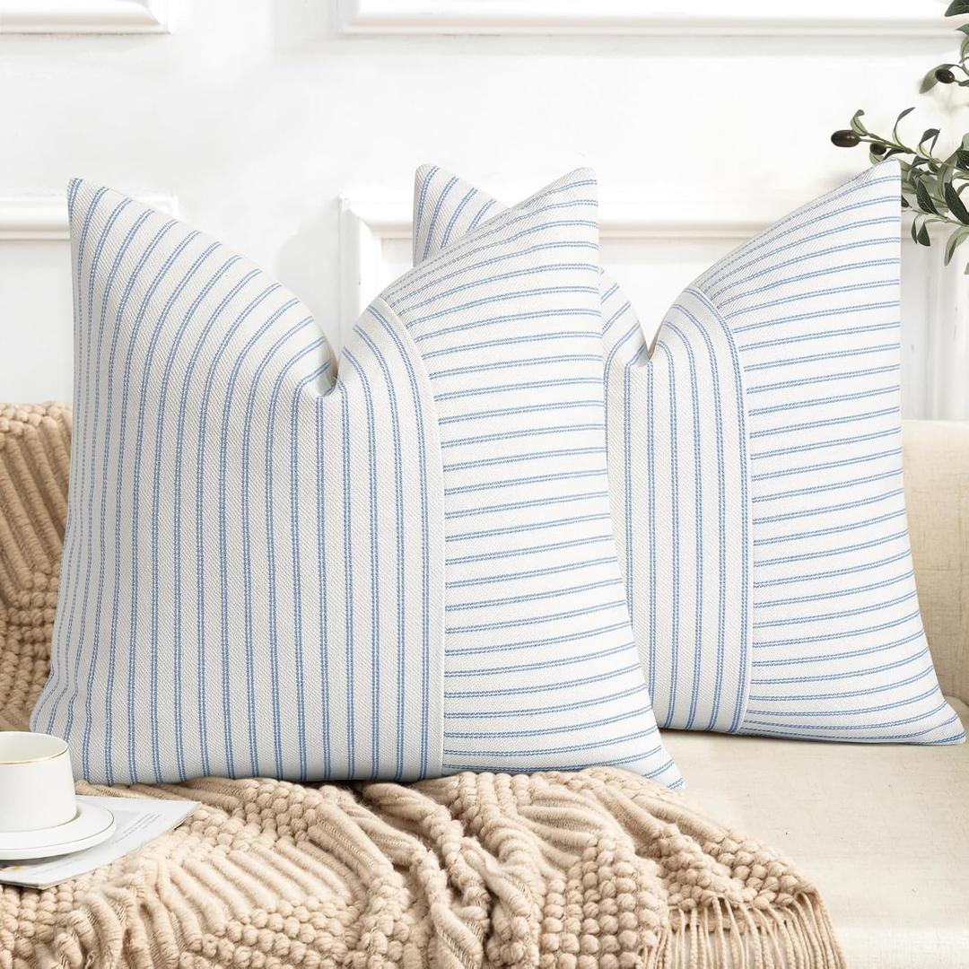 YCOLL Farmhouse Pillow Covers 16x16, Modern Accent Square Throw Pillow Covers Set of 2, Light Blue and Beige Striped Patchwork Linen Decorative Cushion Covers for Couch Chair Bedroom Home Decor
