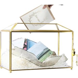 HighFree Glass Wedding Card Box with Lock, Gold Clear Card Box, Decorative Gift Card Box for Baby Shower, Birthday Party, Bridal Shower (Clear, Large)